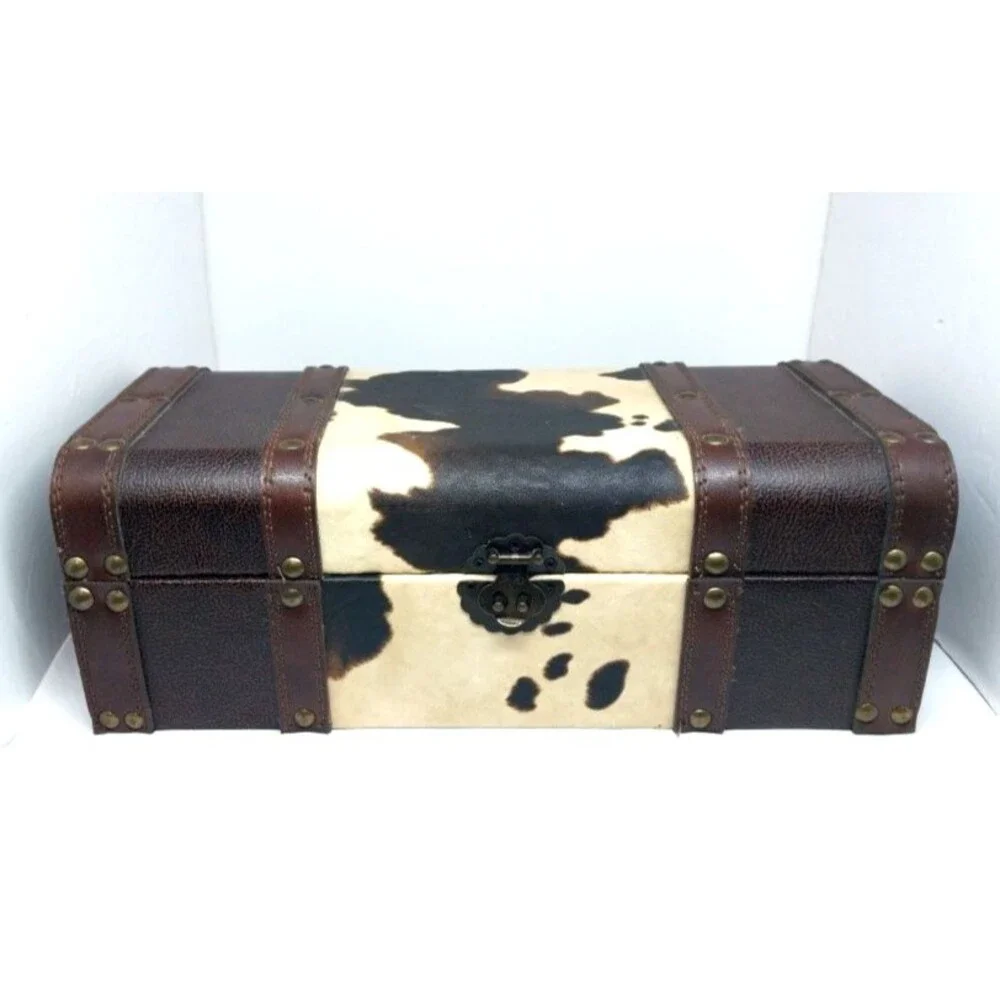 Faux Cowhide Leather Jewelry Box Brown Felt Lining 12